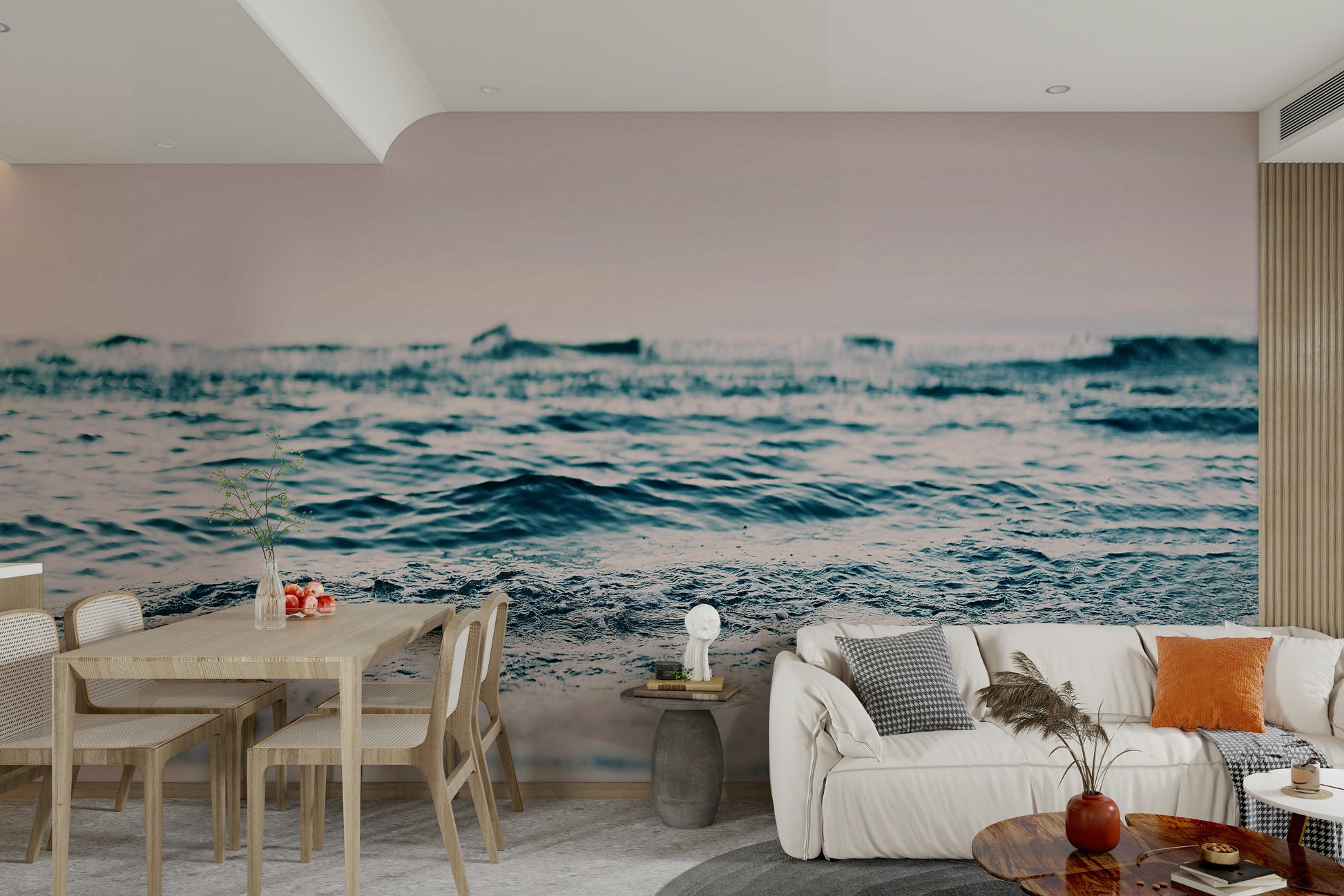 Calming blush tones in ocean wave wall mural

