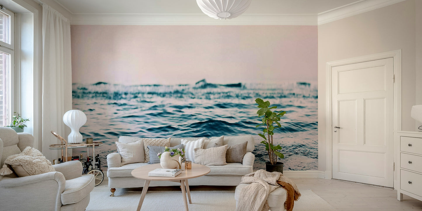 Subtle blush ocean wave mural for coastal décor

