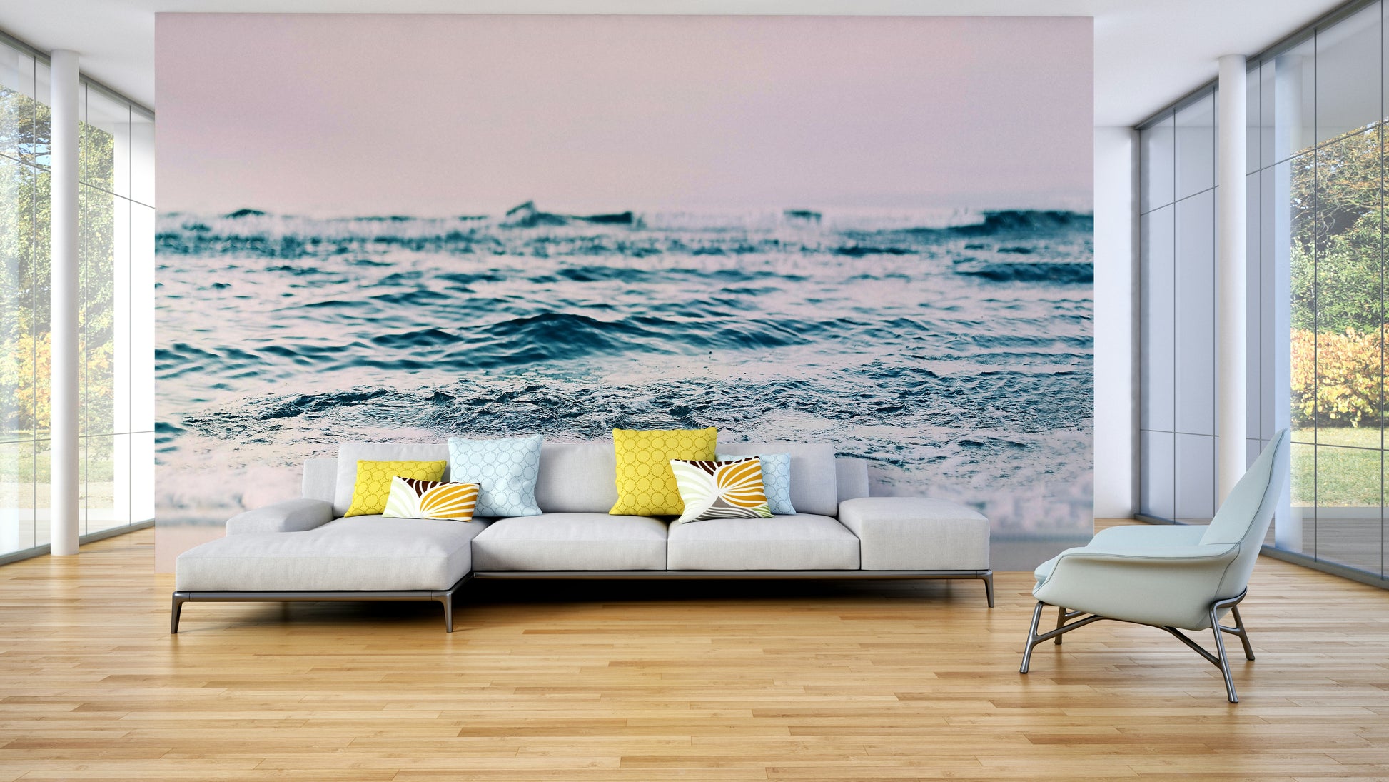 Blush-colored ocean wave wall mural for modern rooms

