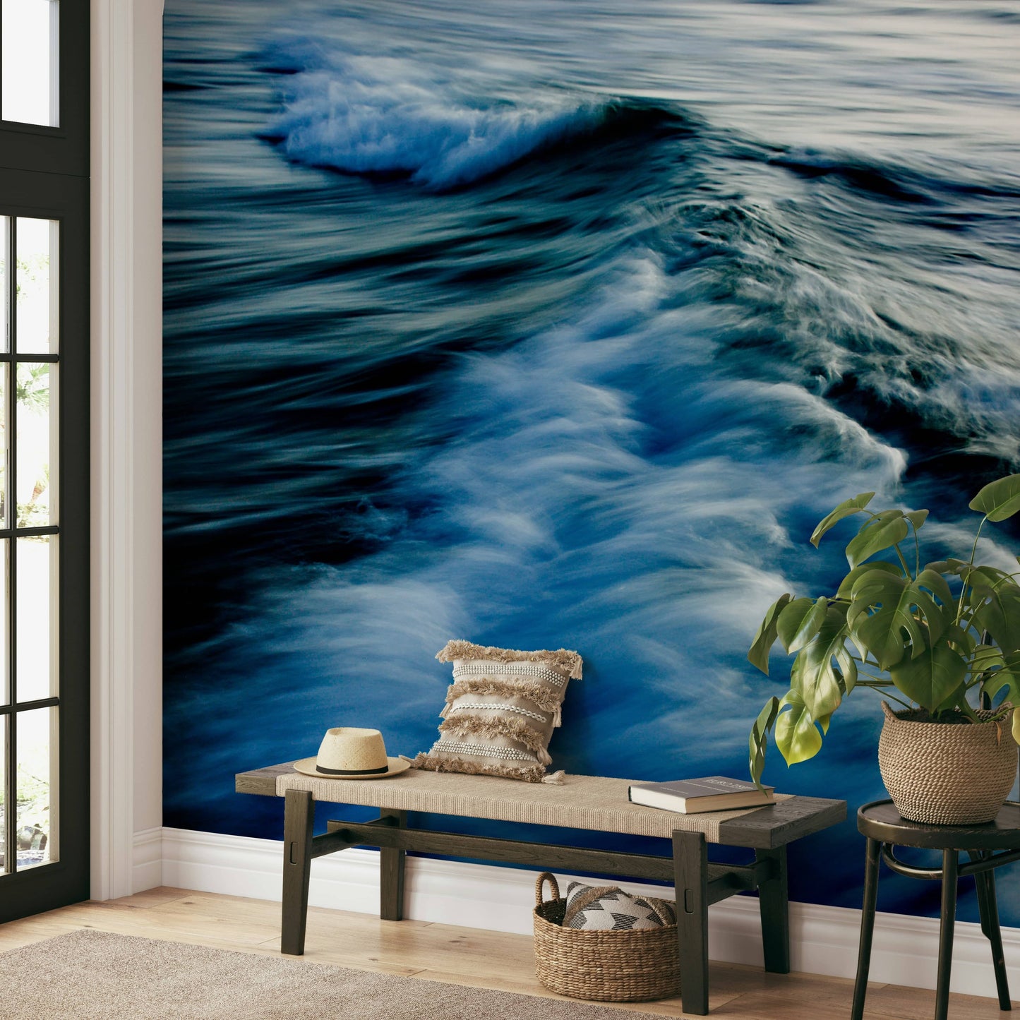 A beautiful abstract ocean wall mural for a living room.

