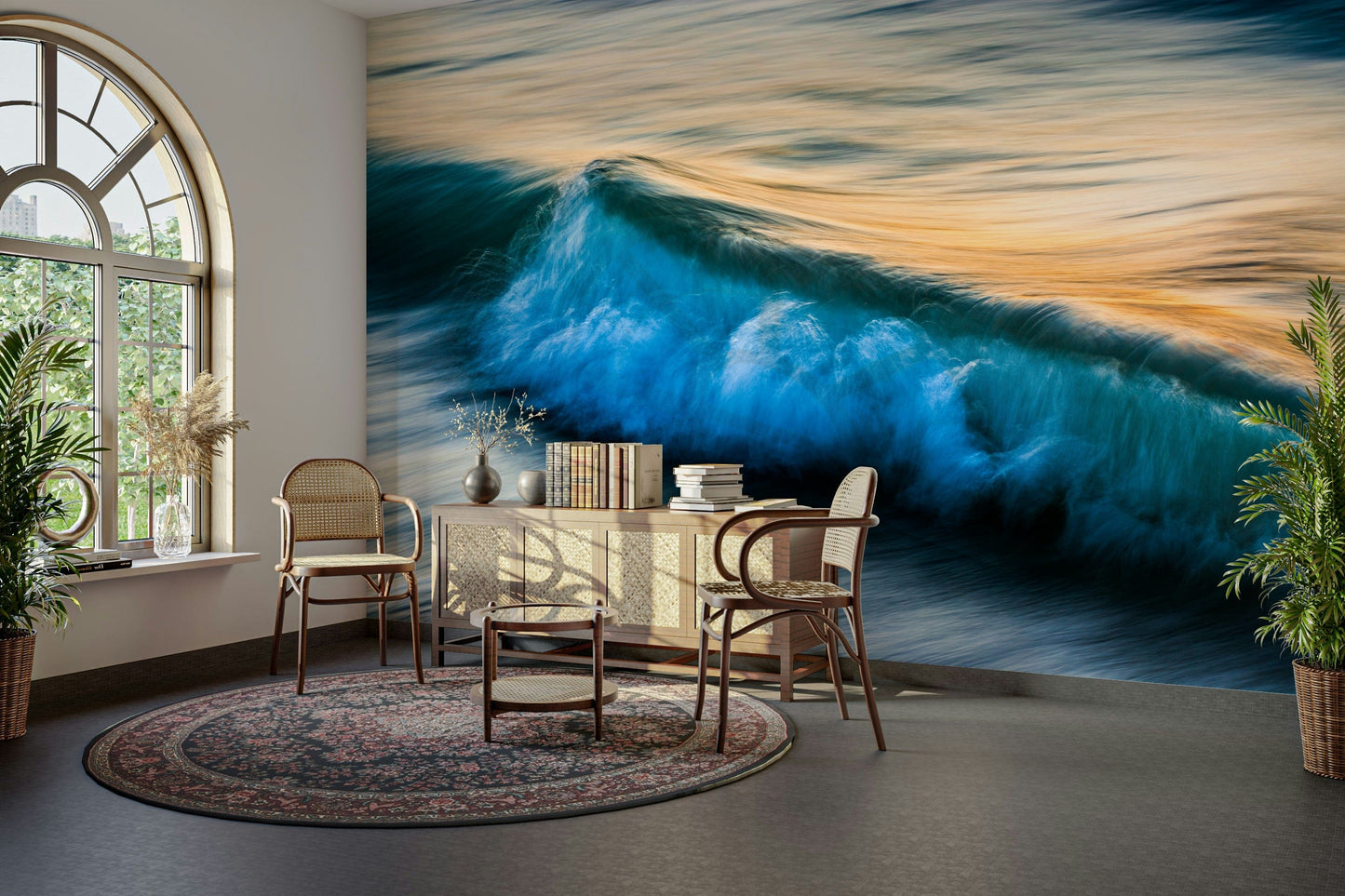 A beautiful abstract ocean wall mural for a living room.

