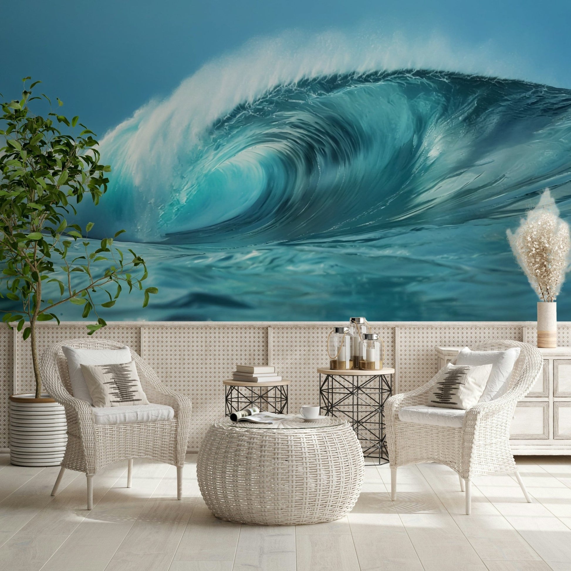 Ocean wave feature wall in reading nook, relaxed home styling look