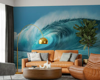 Detailed wave wallpaper behind TV unit, tidy coastal lounge backdrop