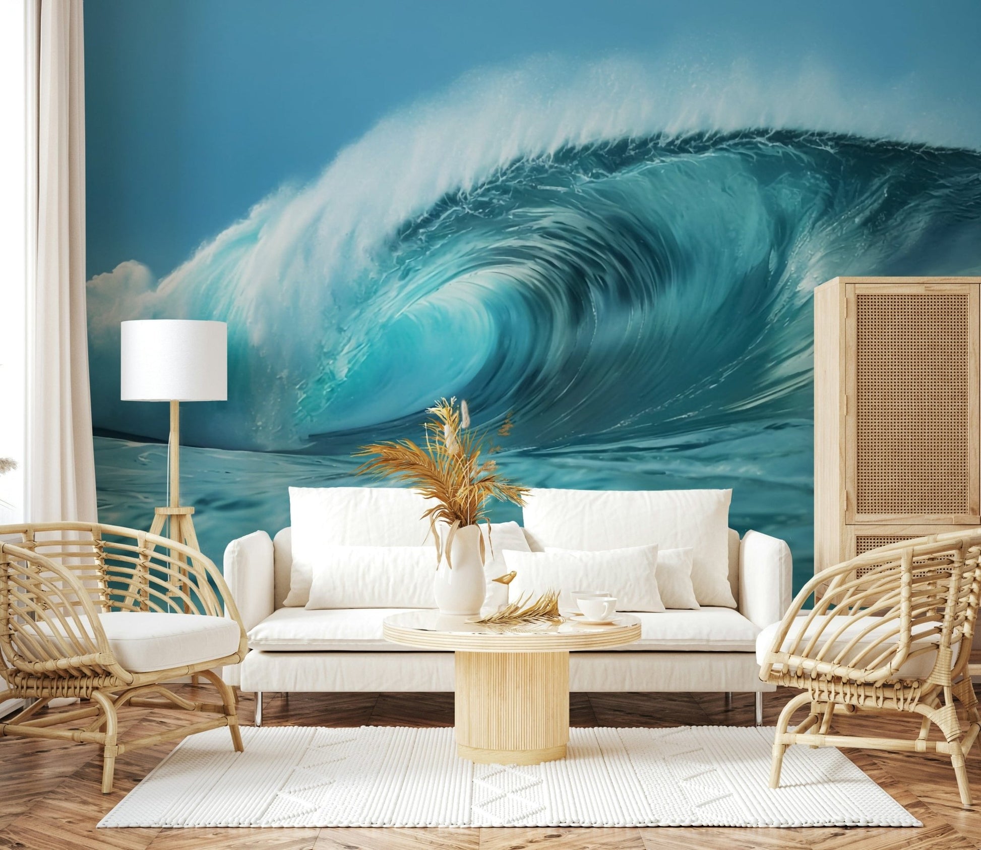 Ocean wave mural in home office, clean coastal backdrop for work zone