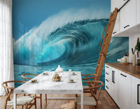 Blue wave horizon wallpaper in entryway, timber console and light décor