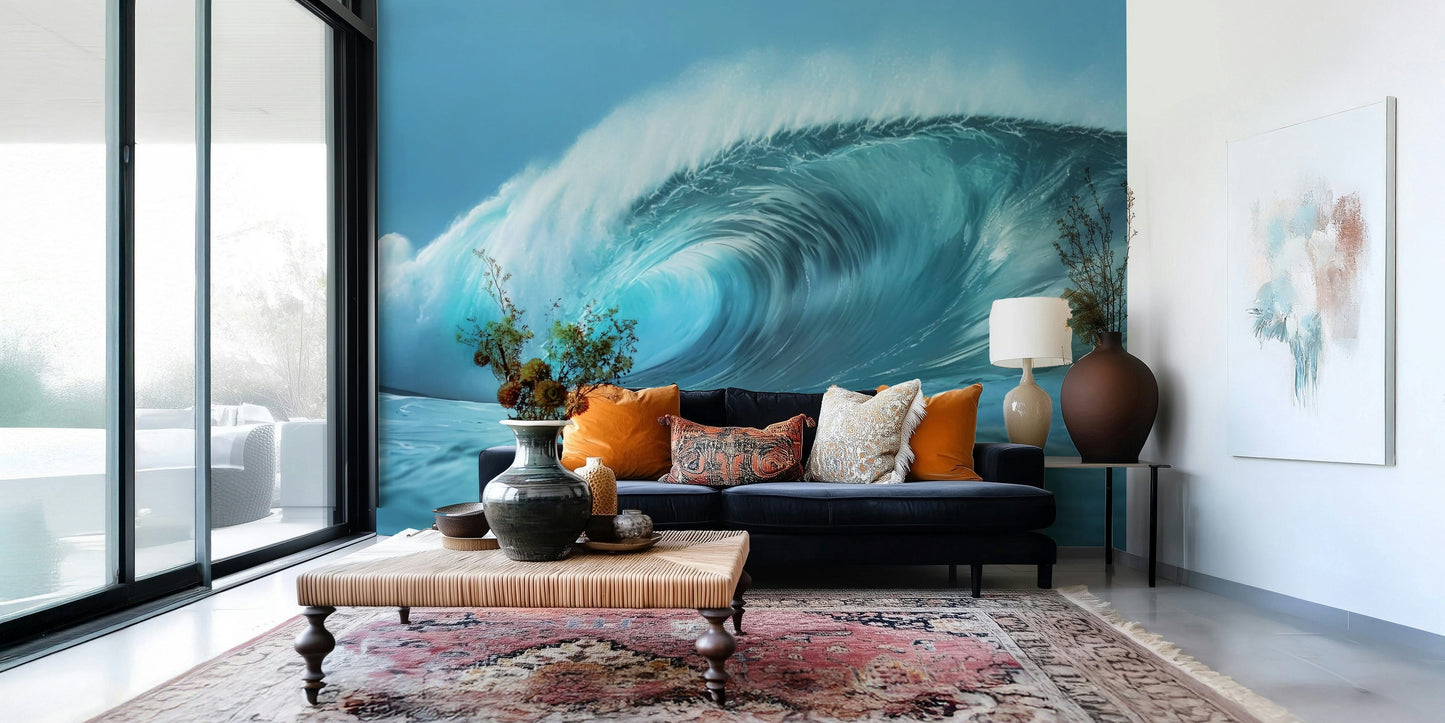 Calm wave wallpaper in bedroom, ocean tones above white headboard
