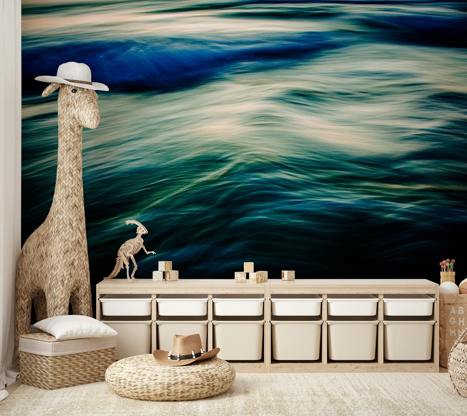 An artistic coastal scene mural on minimalist wallpaper.

