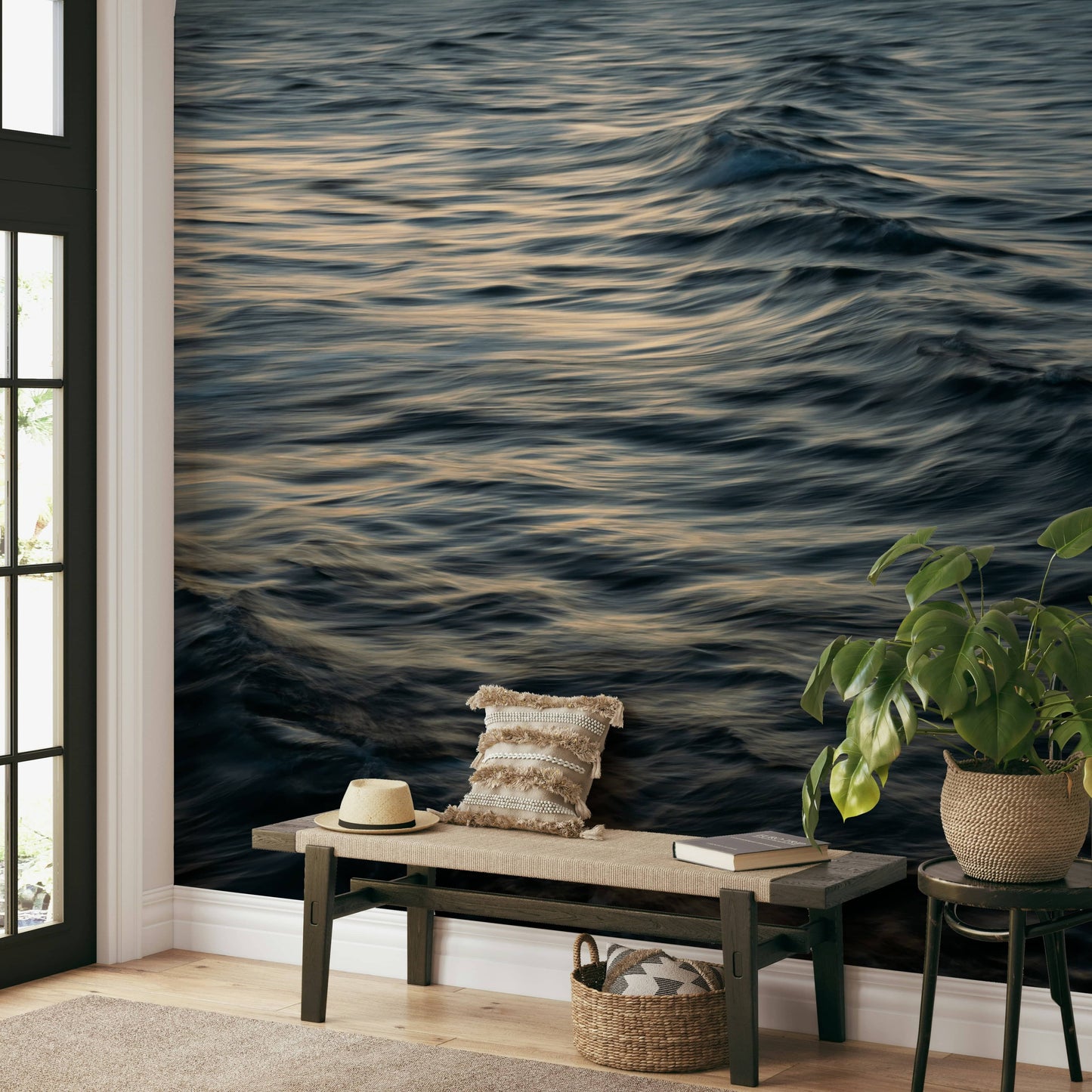 The peel and stick wallpaper showing realistic water textures.

