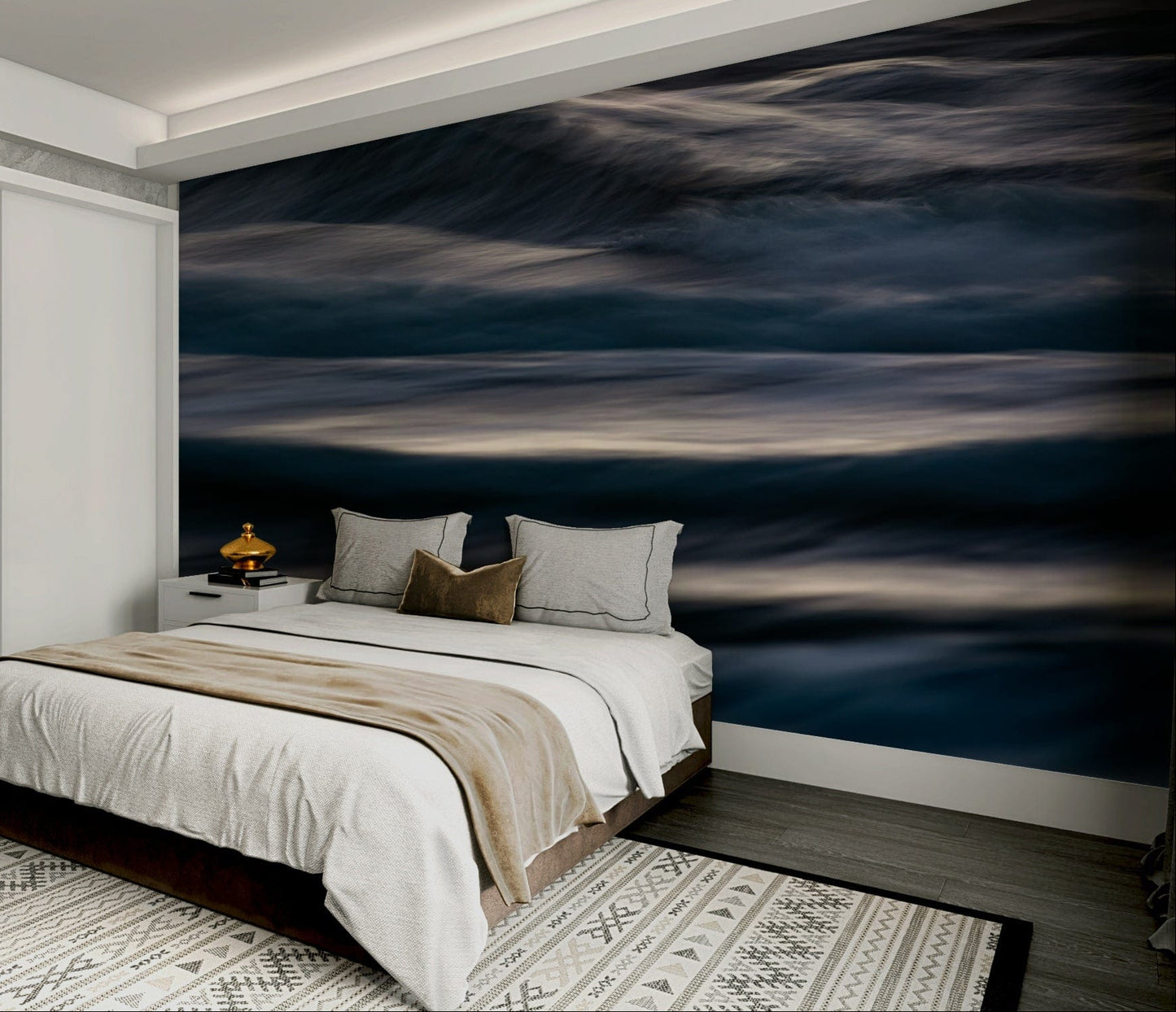 The peel and stick wallpaper on a smooth wall surface.

