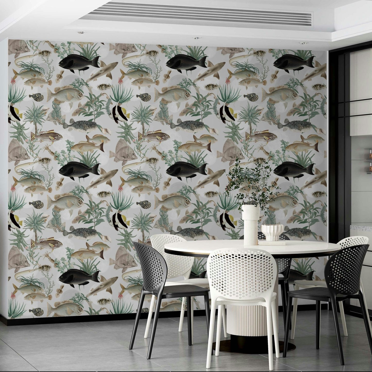 Minimalist bedroom with Oceania Wallpaper wall

