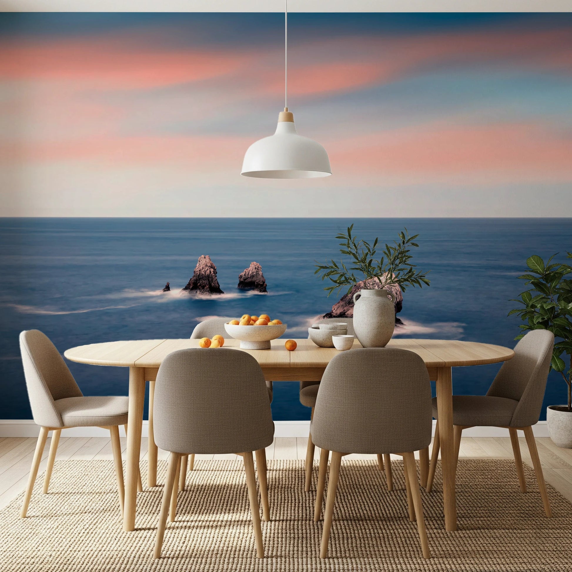 Calm sea wall mural pairs with wooden chairs