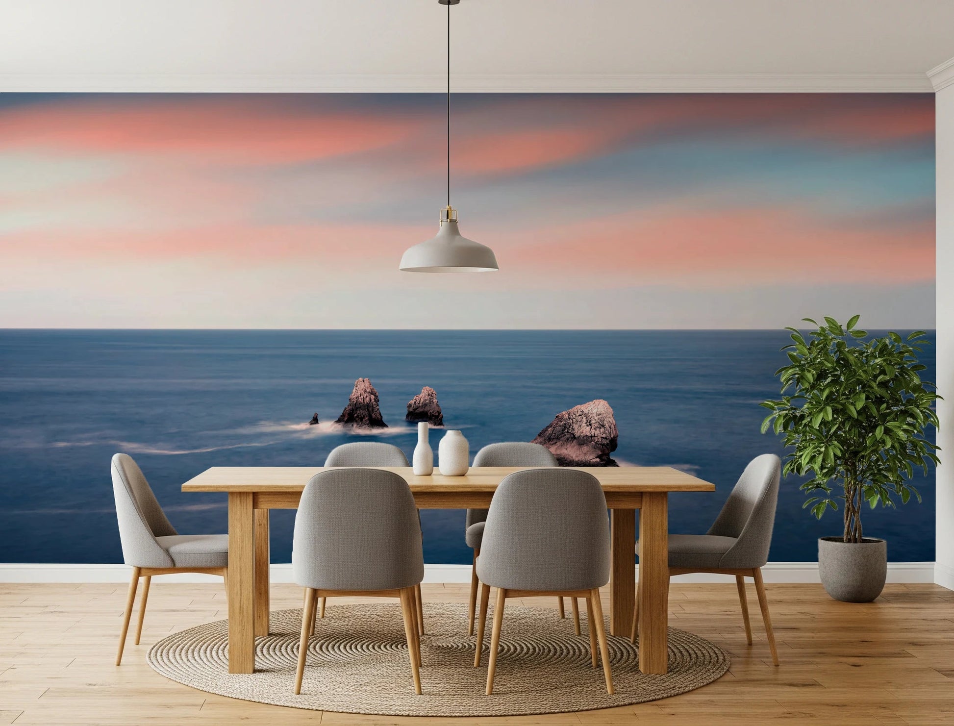 Blush horizon wall mural brightens coastal room