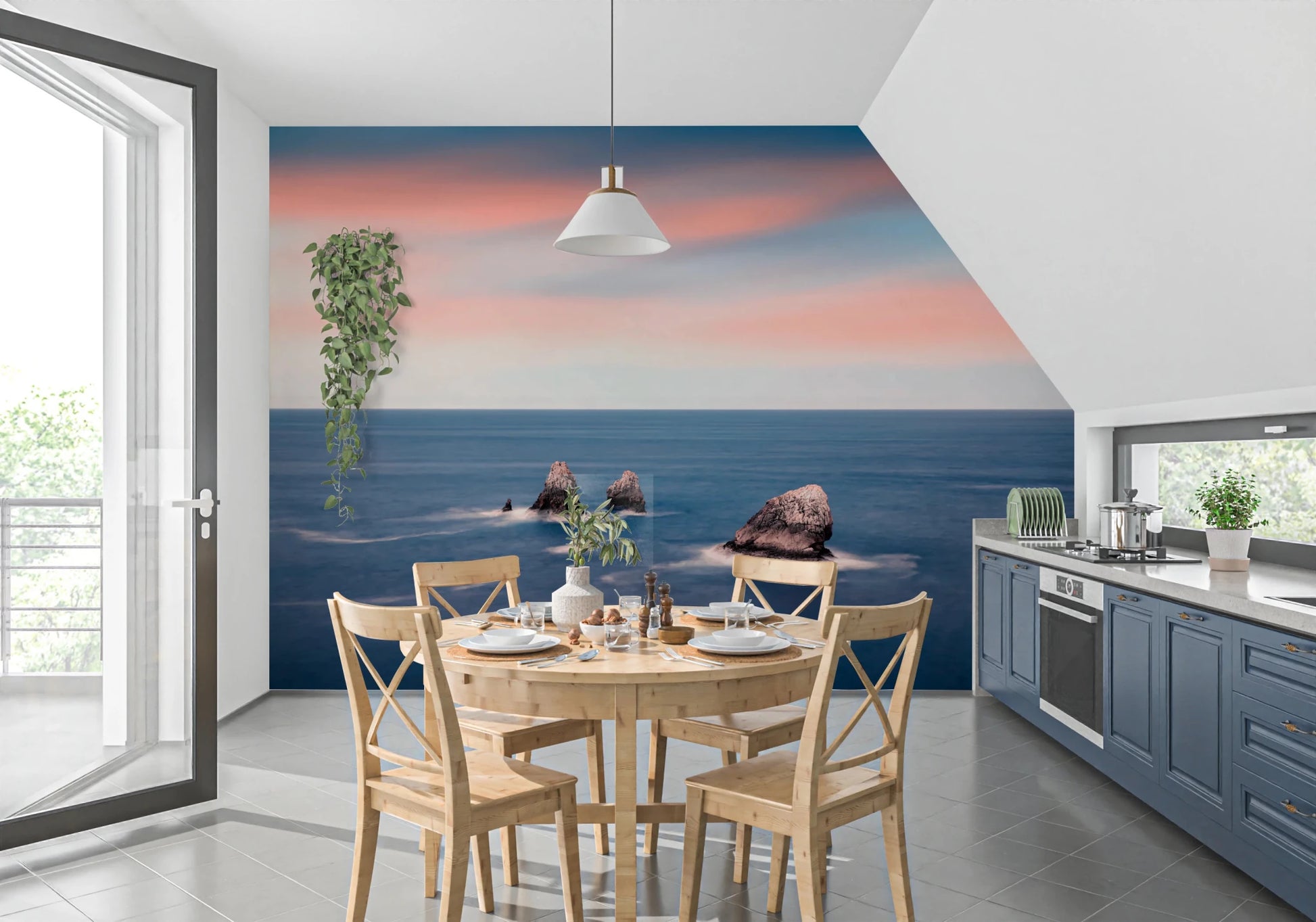 Pink sky ocean wall mural enhances open space