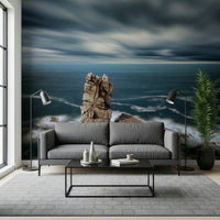 Ocean's Edge mural behind TV unit, clean coastal scene for modern living room