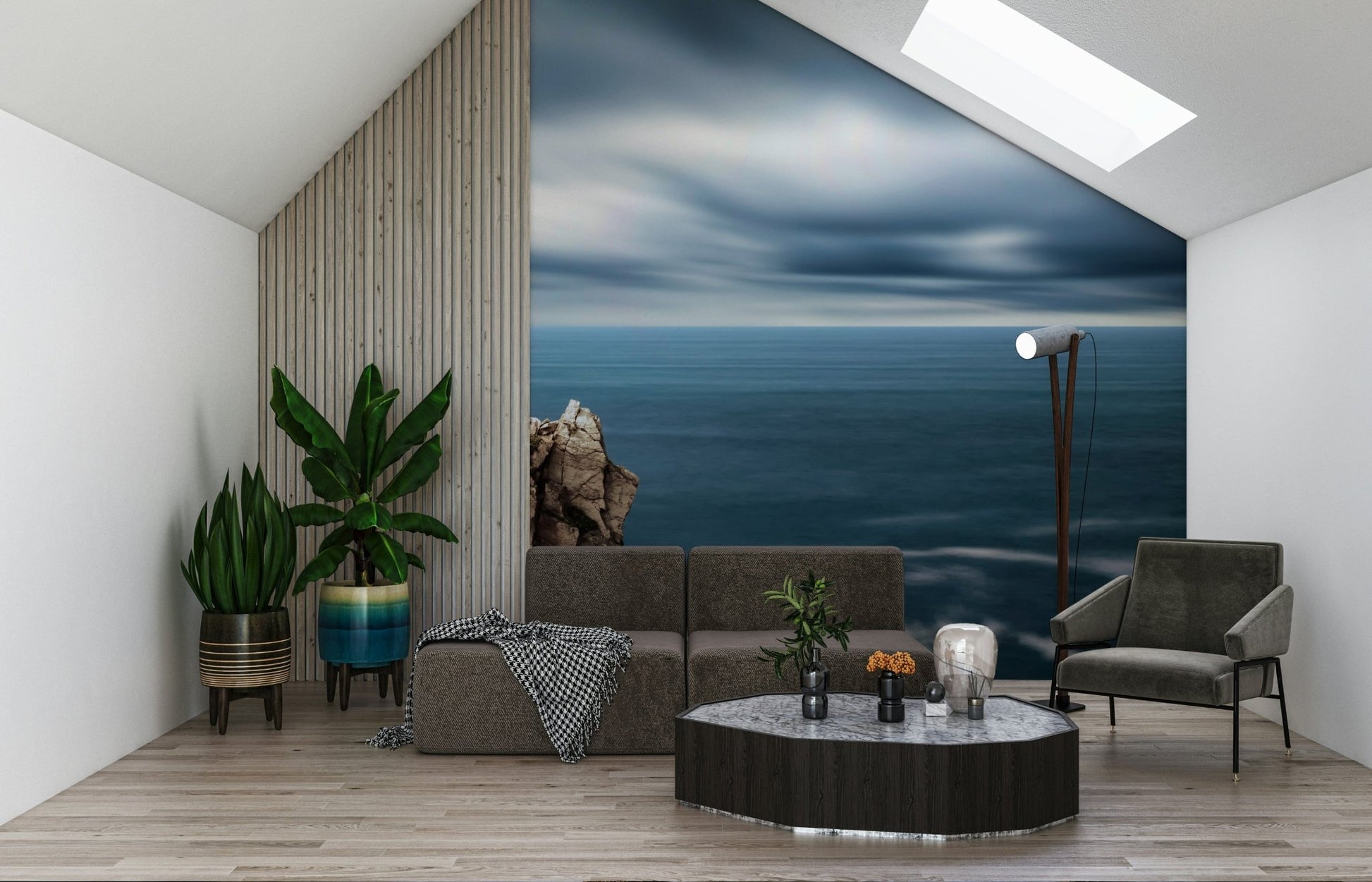 Ocean edge wallpaper in bedroom, soft waves and sand tones above headboard