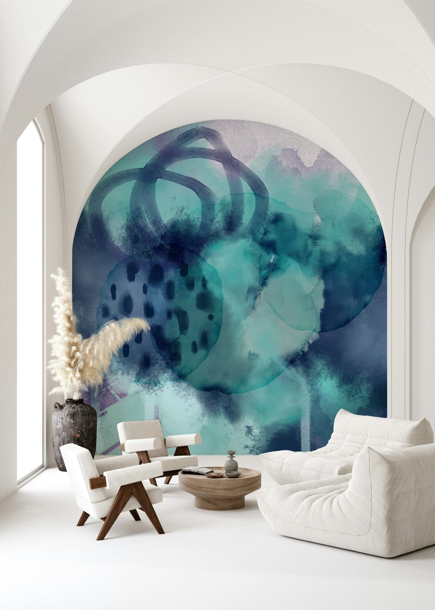 Ocean wave wallpaper in bedroom headboard wall, calming blue and white décor