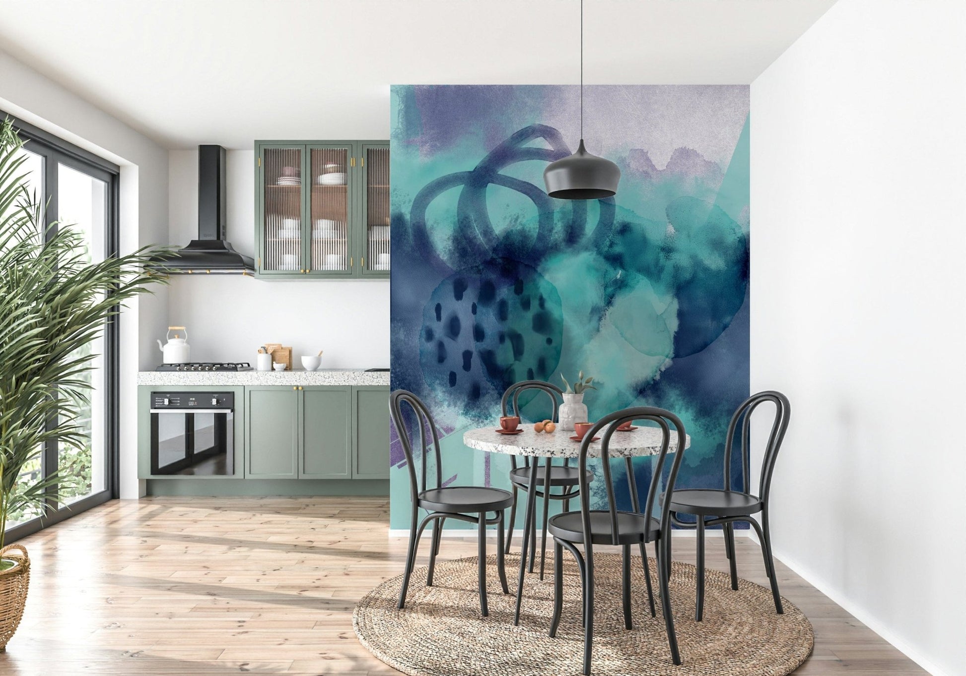 Dining room wall with ocean wallpaper, clean coastal style in cool tones