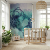 Coastal wall mural behind sofa in modern living room, soft blue ocean tones