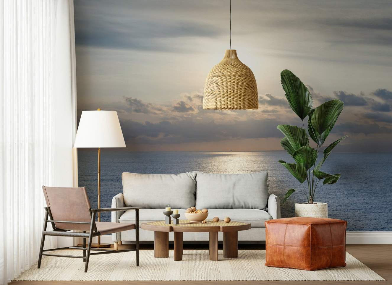 Golden ocean sunset wall mural in modern living room, warm color feature wall