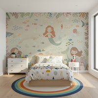 Minimal coastal wall mural in home office, light blue water texture for a calm backdrop
