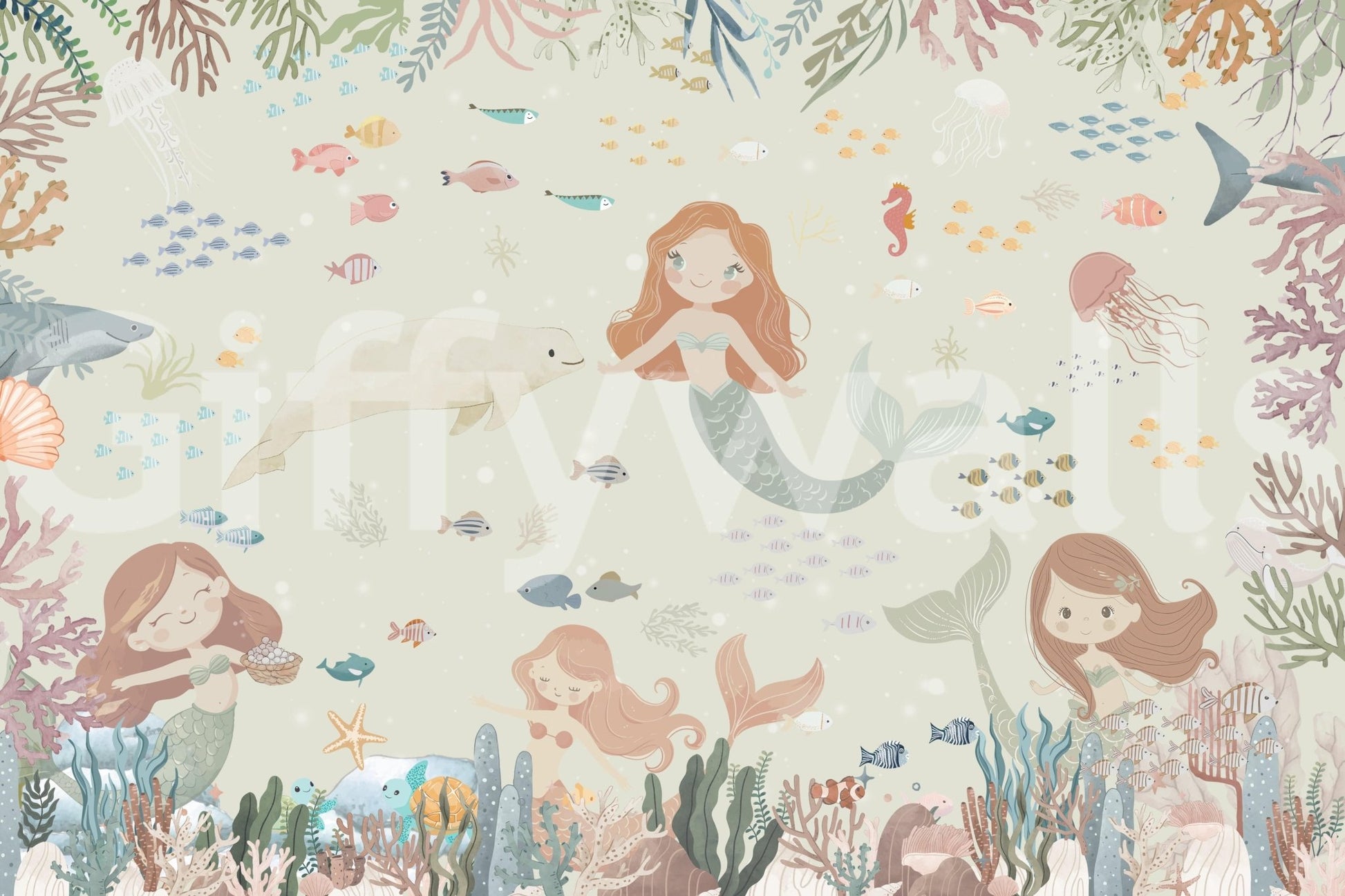 Neutral coastal mural in nursery, gentle ocean look with light blue and beige tones