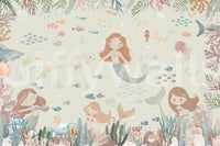 Neutral coastal mural in nursery, gentle ocean look with light blue and beige tones