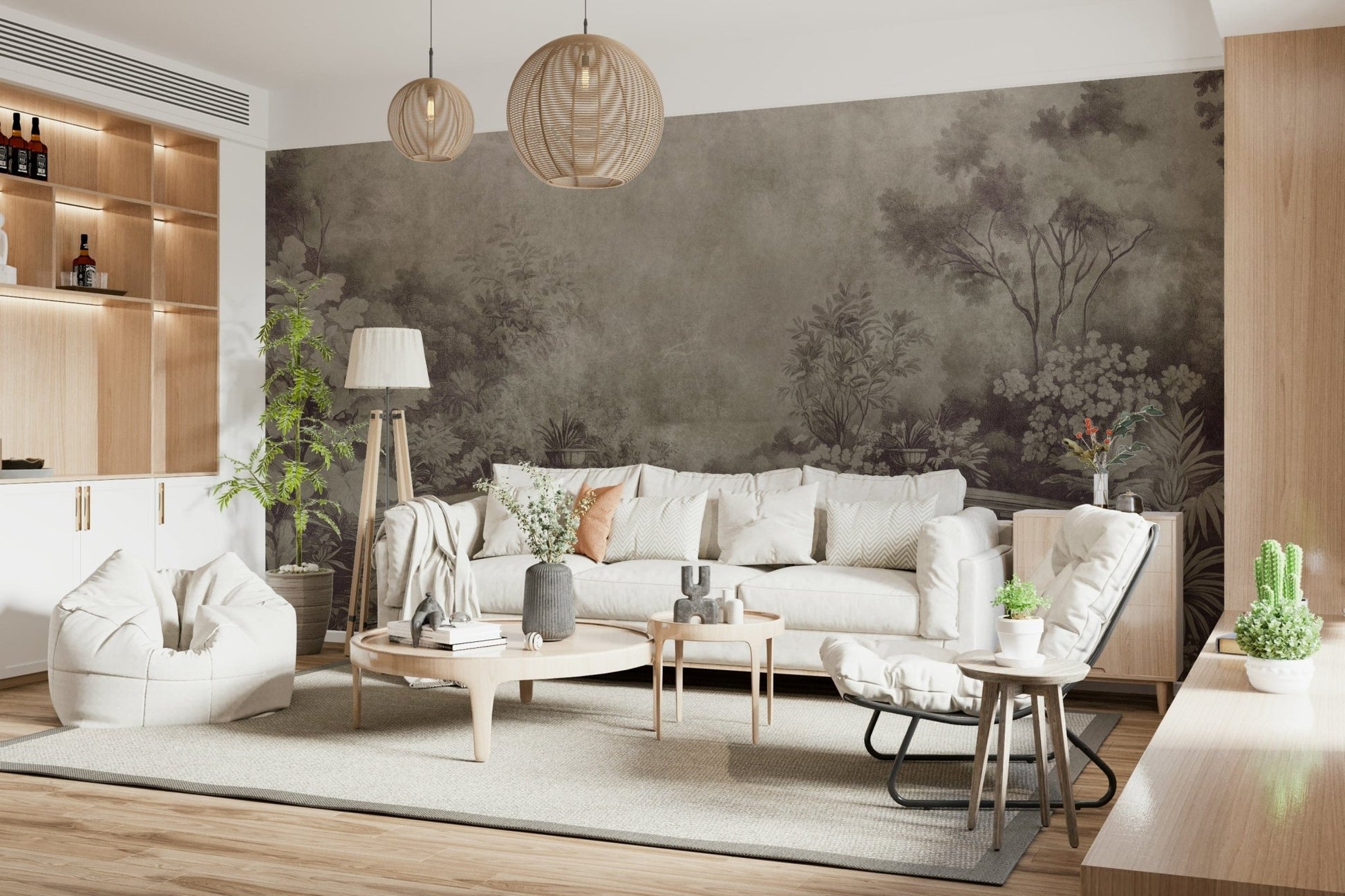 Sepia-toned wall mural, Aubergine garden statuesque urns overgrown greenery.