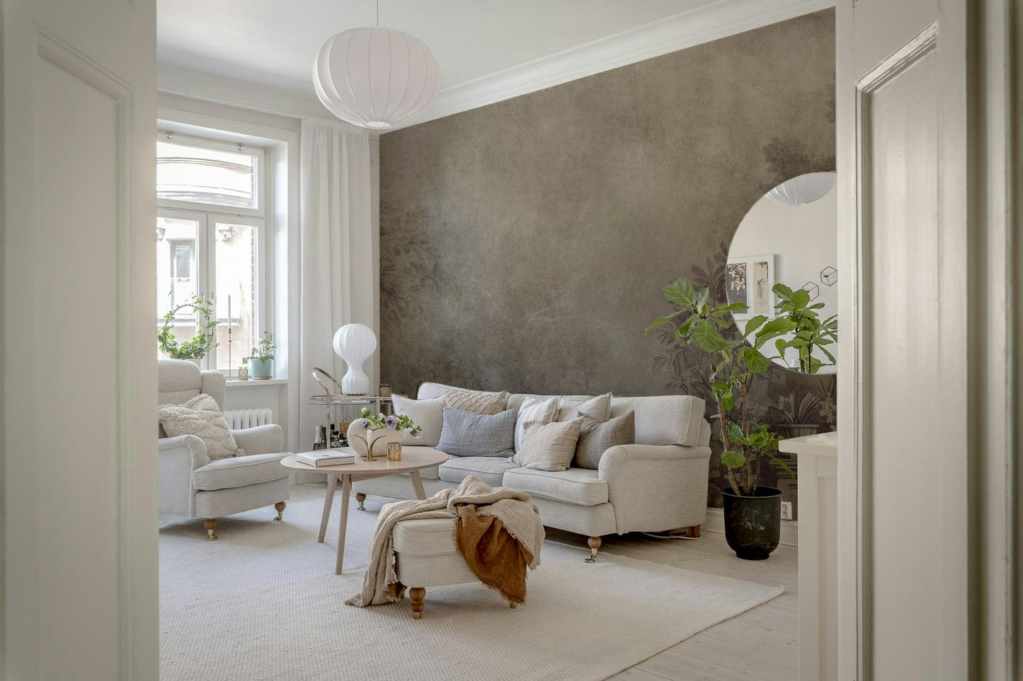 English Garden Fresco mural, sophisticated shaded patio wallpaper texture.