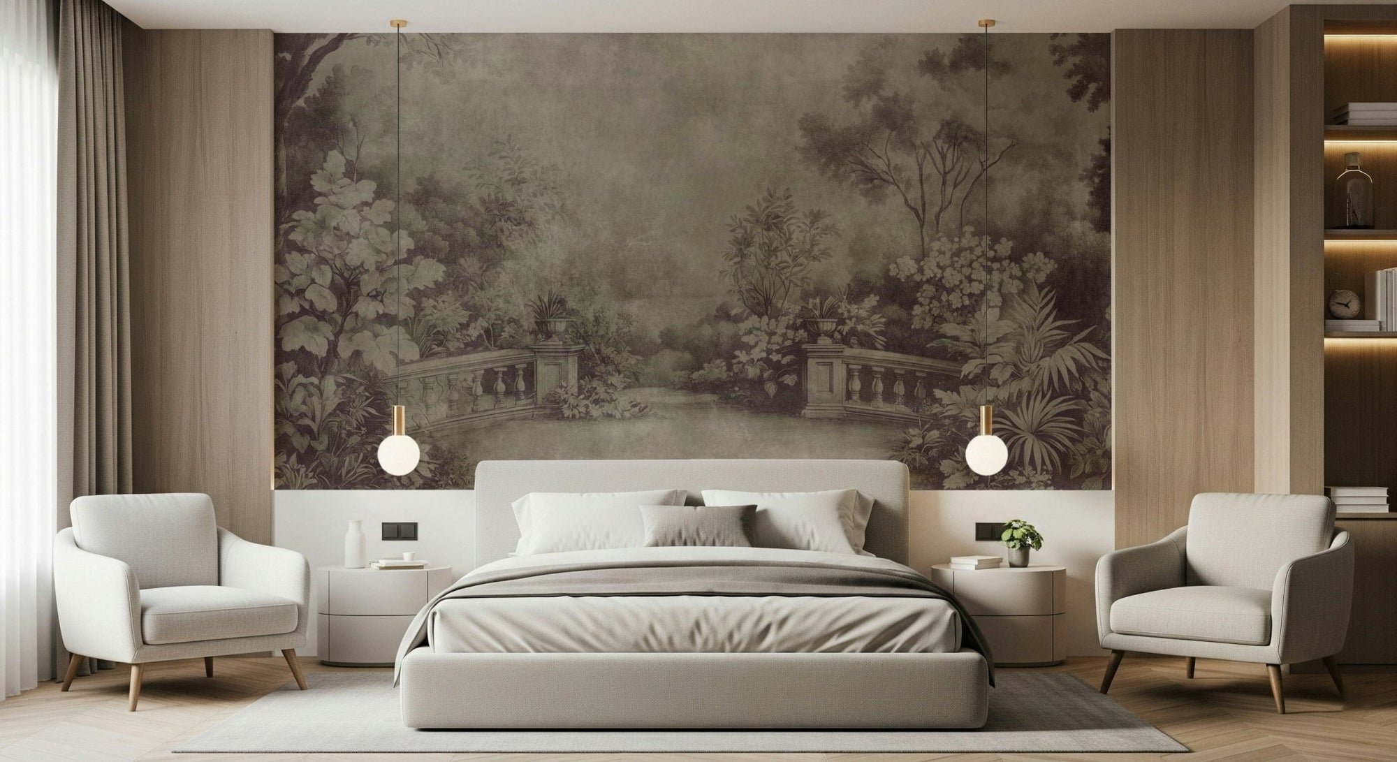 Vintage Aubergine wallpaper showing a secluded English Garden fresco vista.