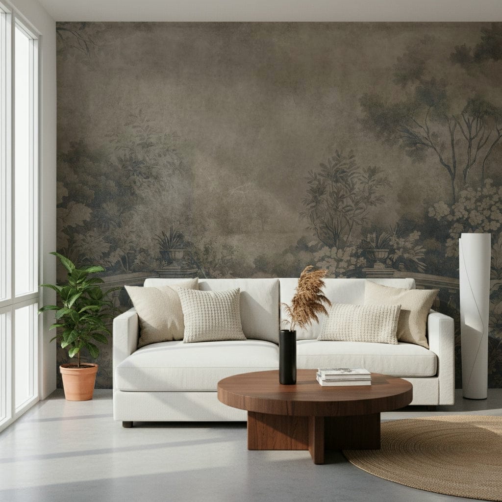 Hazy Smoke Garden wallpaper, detailed stone railing and lush foliage.