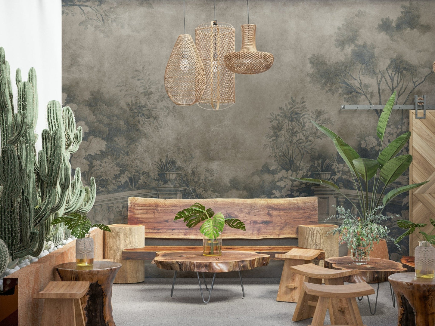 Moody Old English mural wallpaper, romantic path into deep forest.