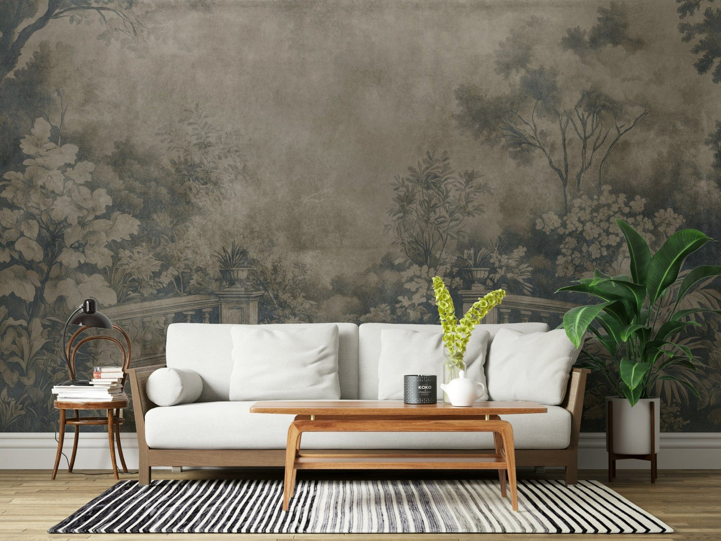 Shaded Smoke Garden fresco wall covering, classical feel.