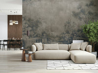 Faded Old English Garden wall mural, cool grey tones, ornate wallpaper design.