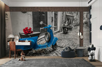 The background shows a narrow European street.

