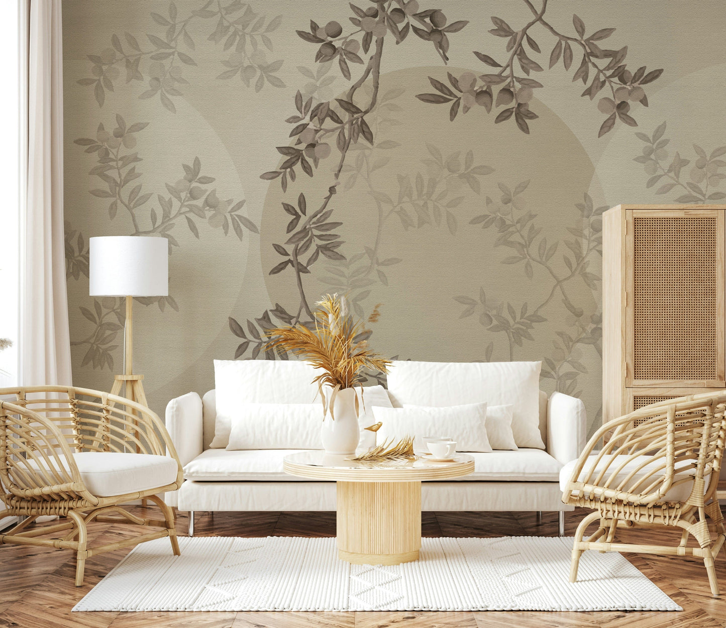 Olive Branch Serenity Wall Mural behind sofa, modern decor