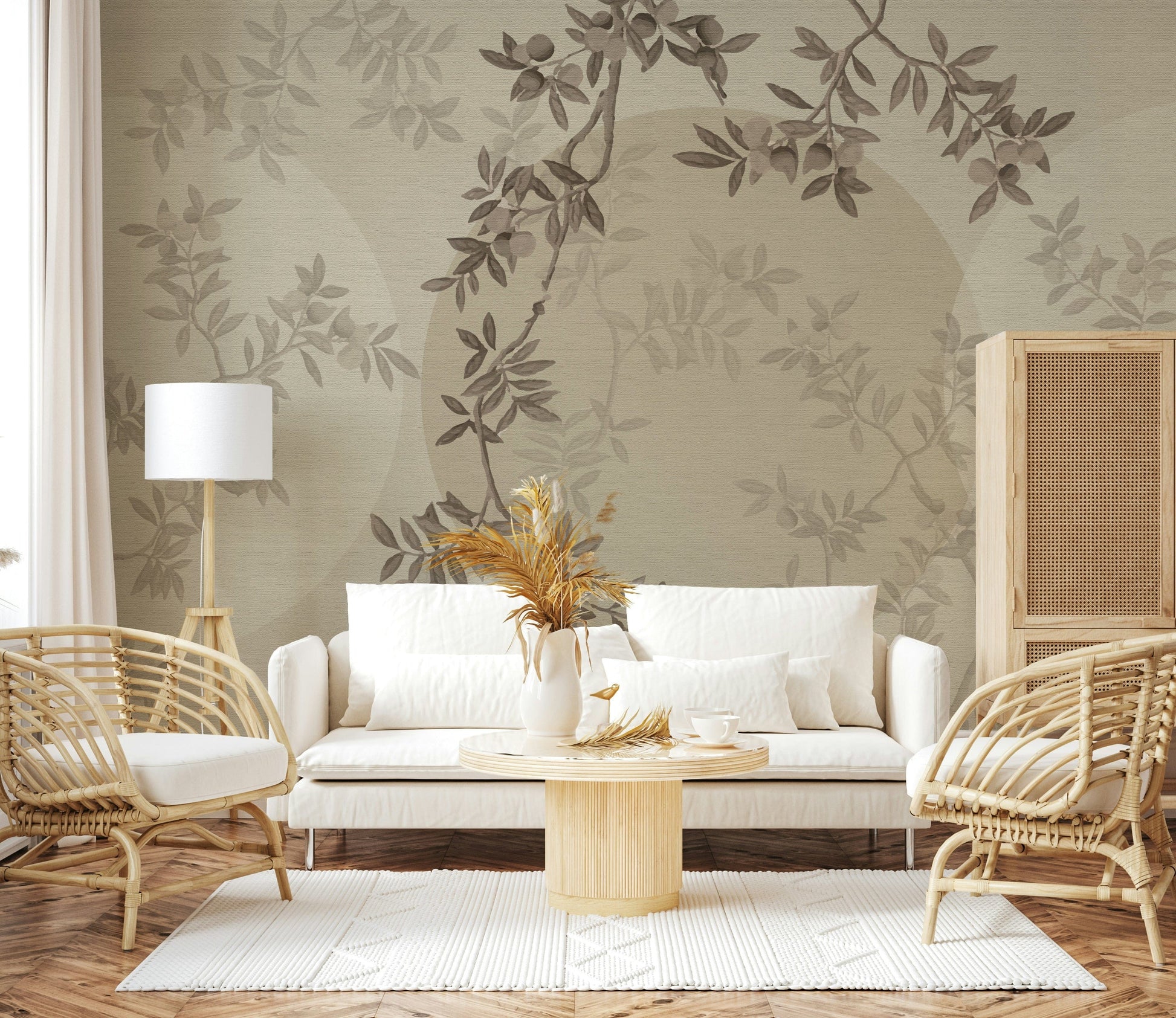 Olive Branch Serenity Wall Mural behind sofa, modern decor