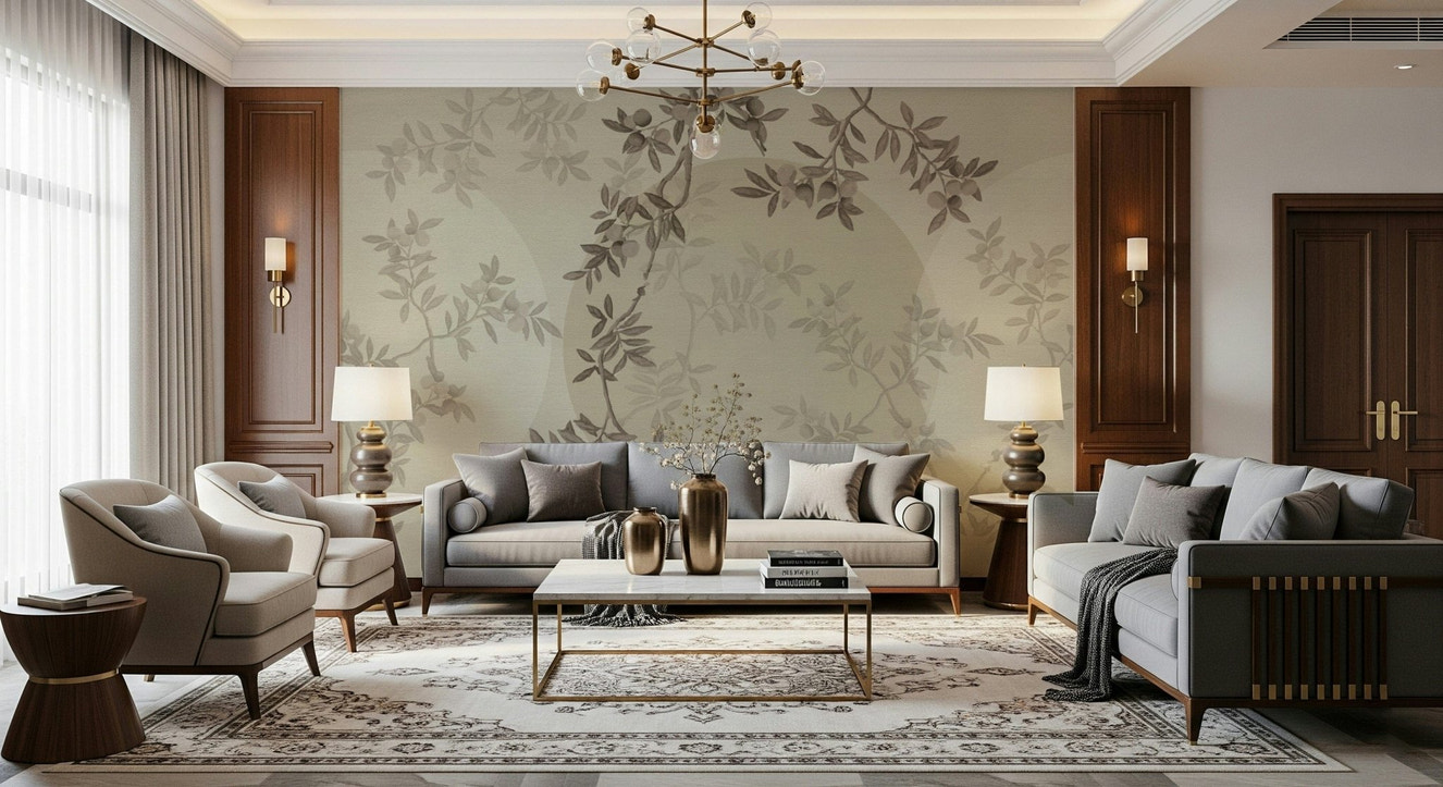 Olive branch mural in living room, calm modern color tones