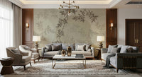 Olive branch mural in living room, calm modern color tones