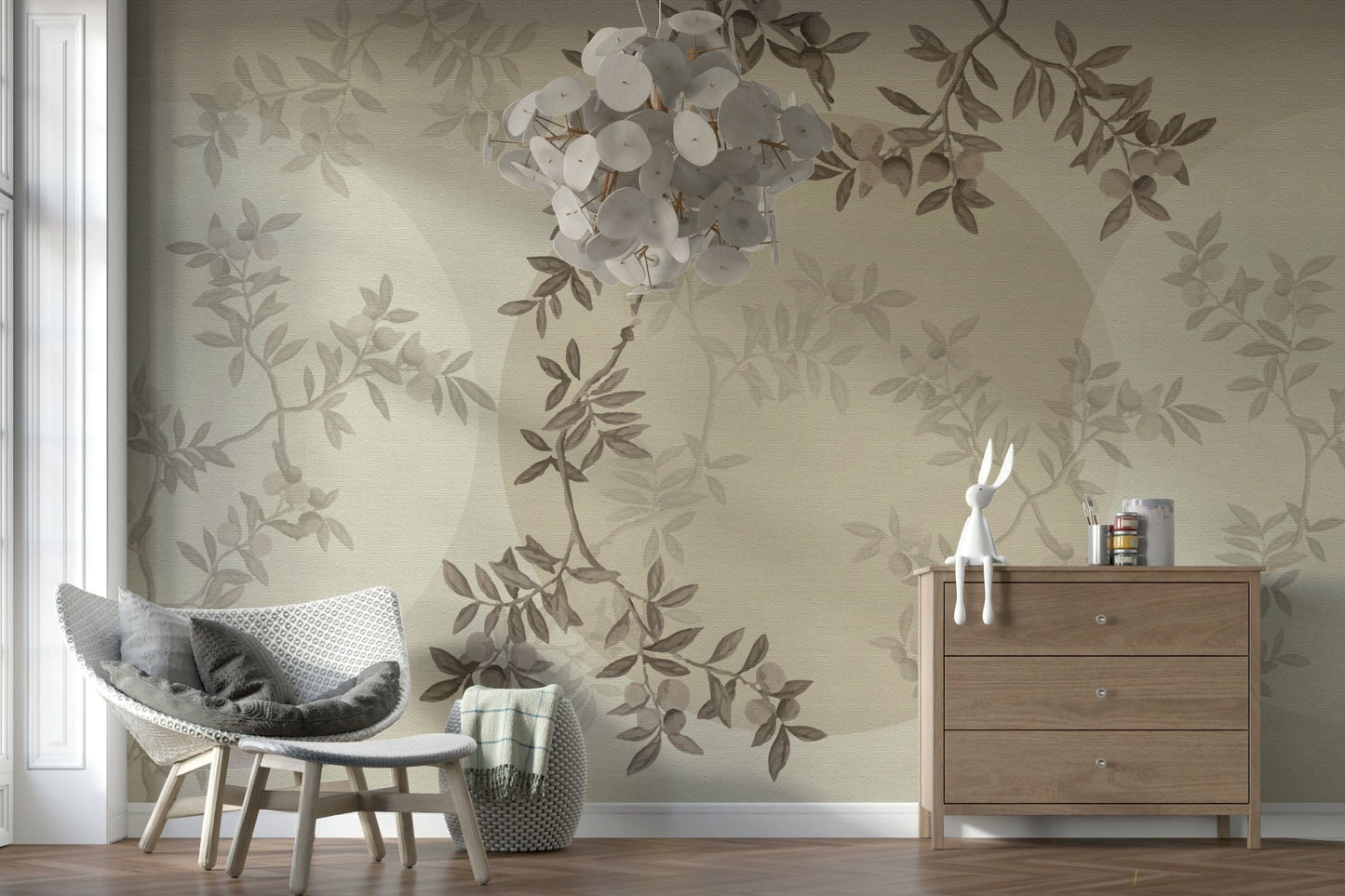 Olive botanical mural in hallway, modern wall decor in color