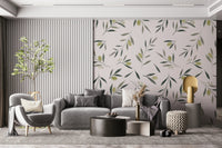 Watercolor Olive Garden Leaves and Fruit Wallpaper featuring hand-painted olive branches and ripe olives.