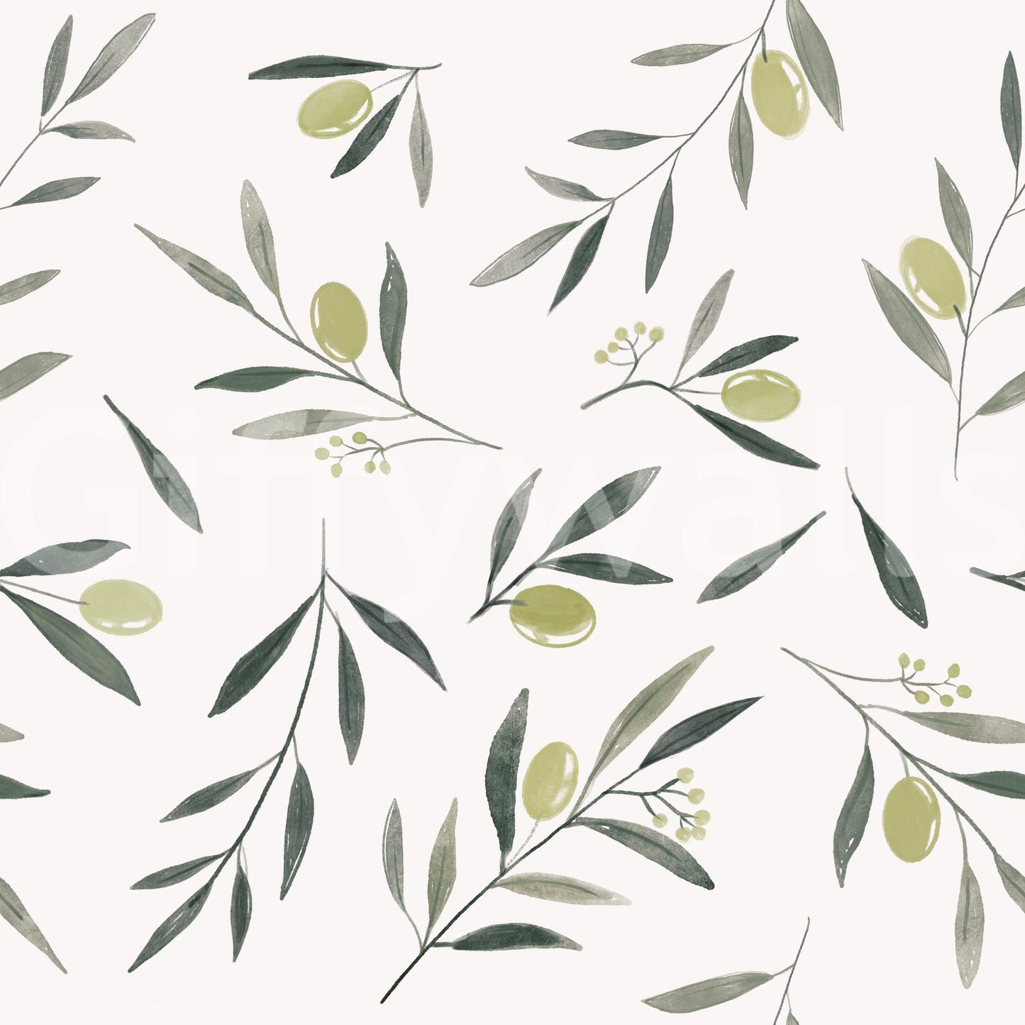 Watercolor Olive Garden Leaves and Fruit Wallpaper‚Å†