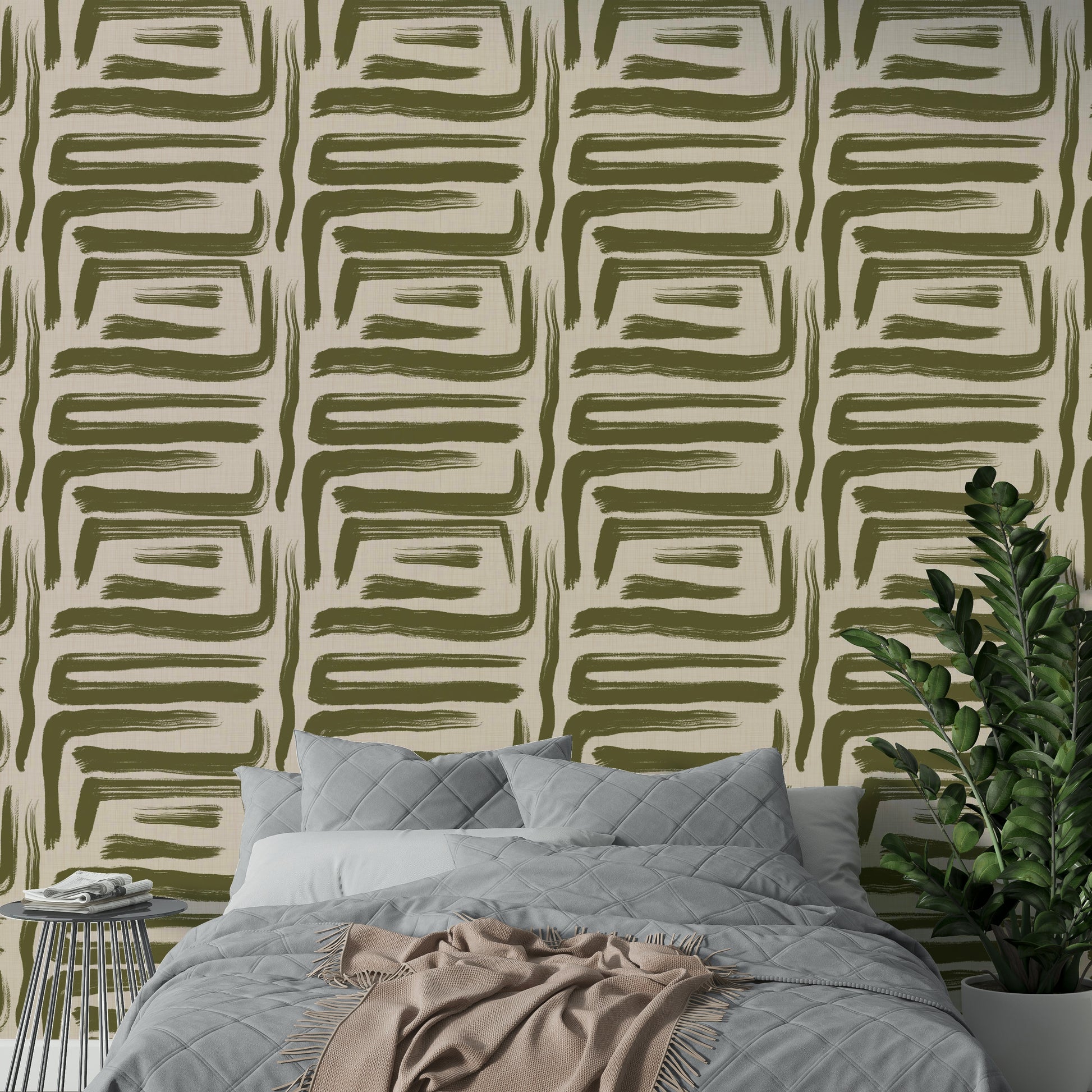 Earthy olive abstract wallpaper in a cozy living room

