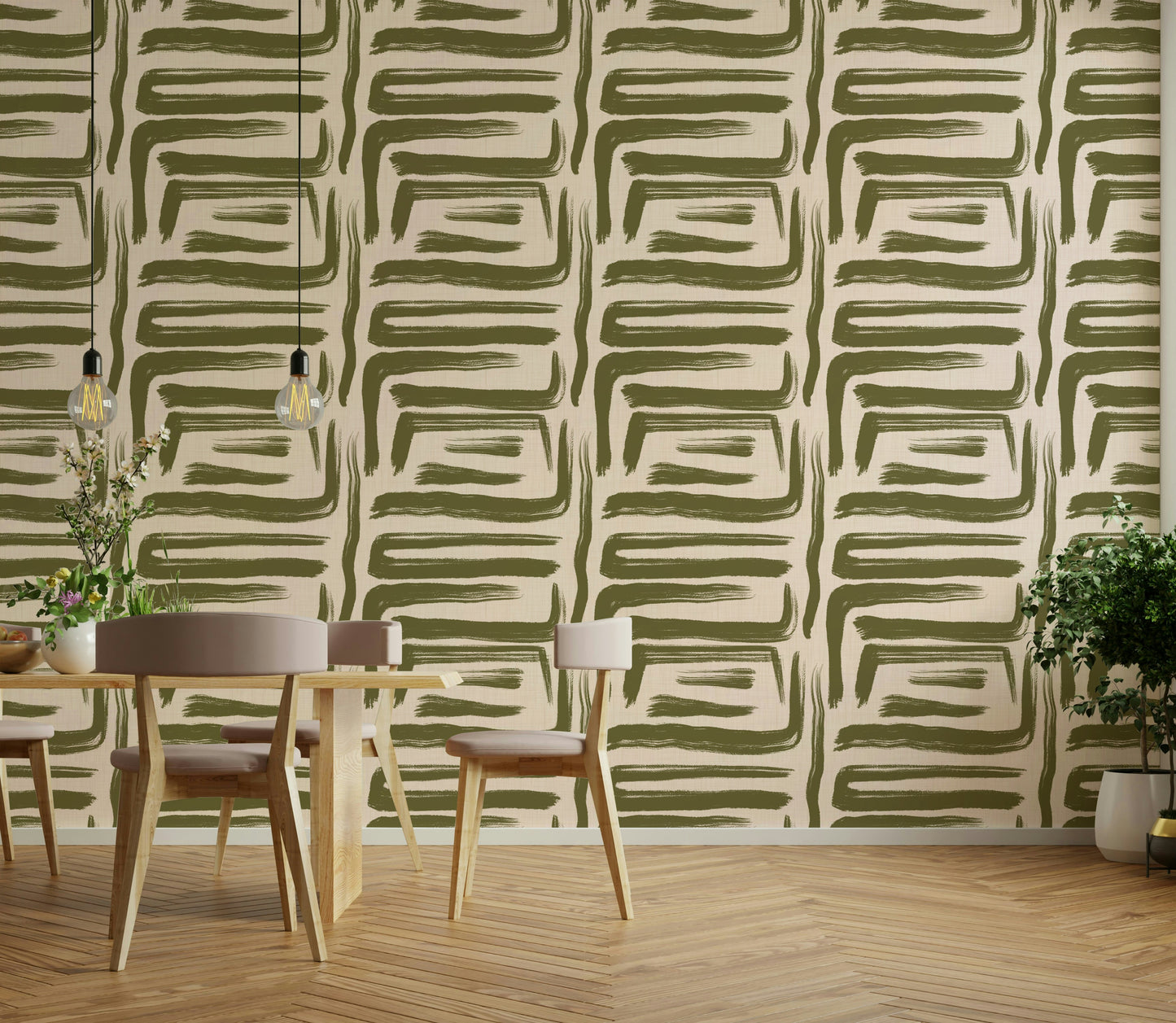 Mid-century modern wallpaper in olive green tones

