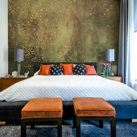 Celestial olive and navy blue galaxy wall mural for rooms.

