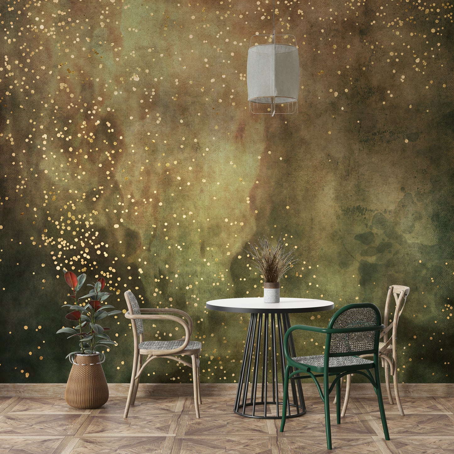 Stunning cosmic olive galaxy mural with gold accents.

