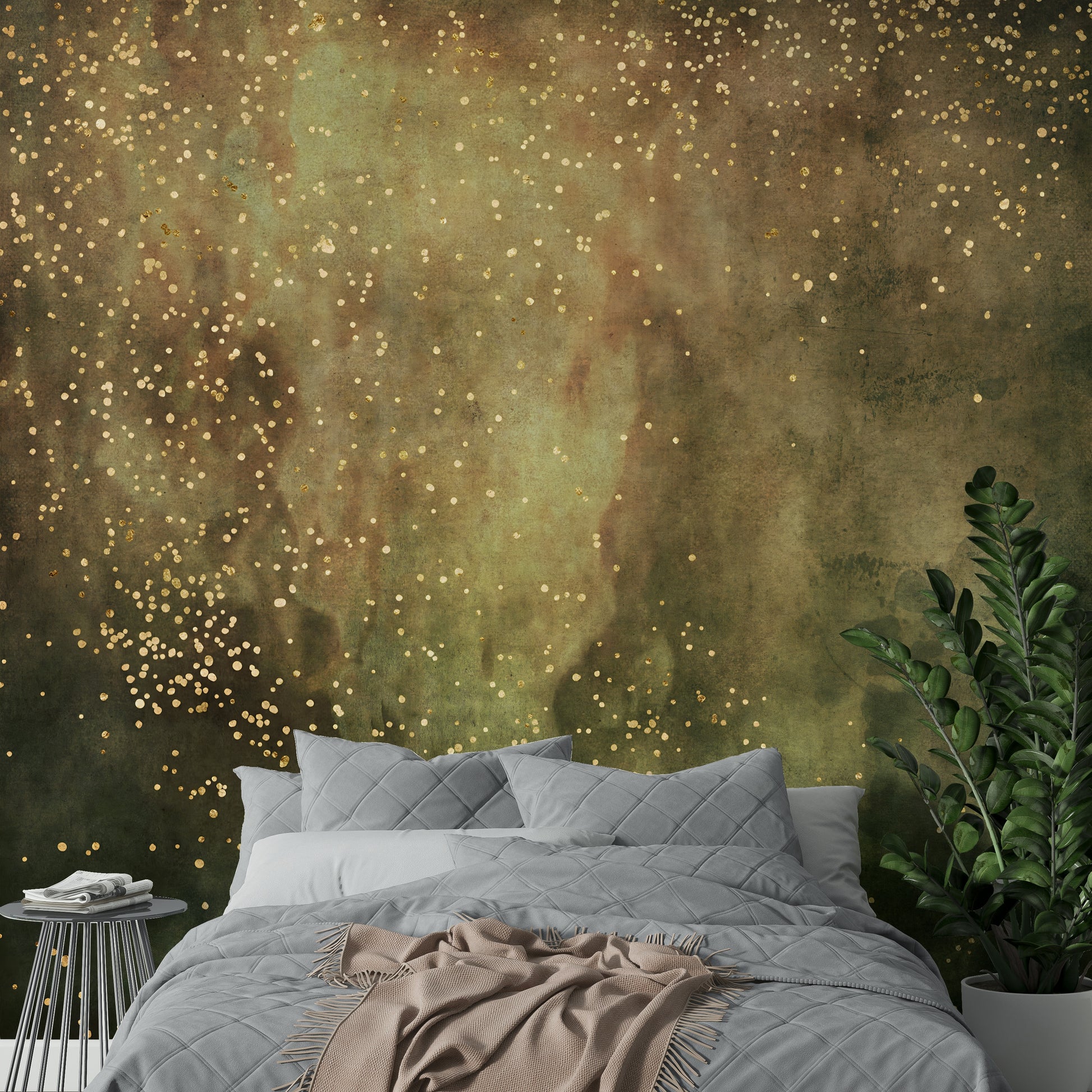 Deep olive and gold galaxy design wall mural for modern rooms.

