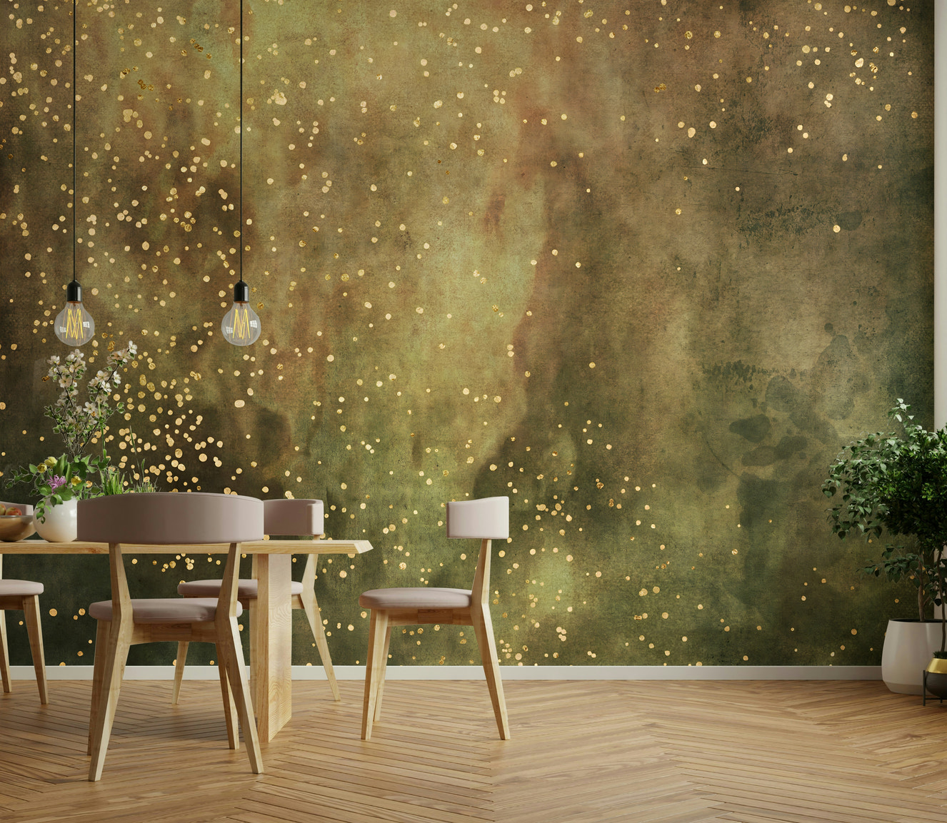 Olive Galaxy Wall Mural with cosmic swirl design.

