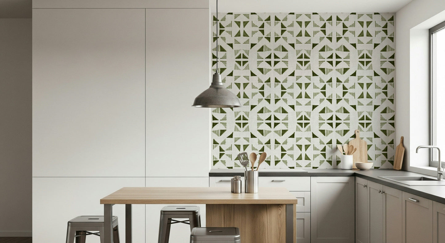 Light Olive geometric wallpaper featuring layered triangle shapes for a natural, modern vibe.