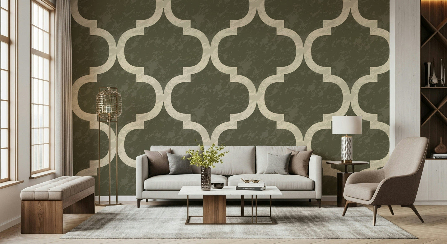 Rustic dark olive ogee wallpaper with distressed texture look
