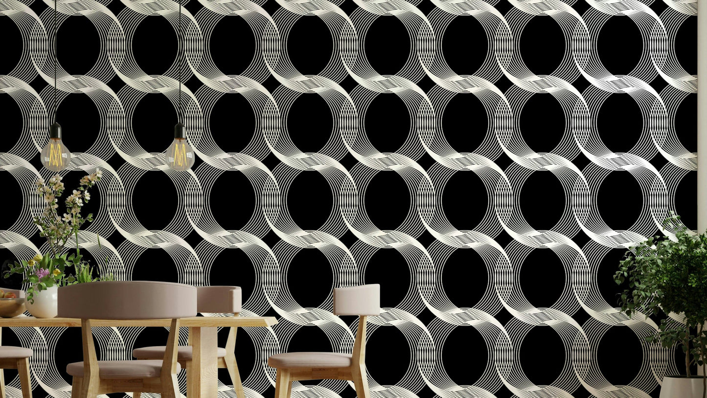 A home office with a stylish circles mural

